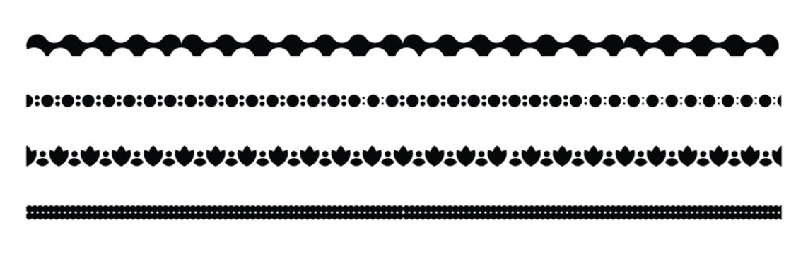 Hand drawn lace scalloped paper punch border. Vector illustration. Simple line decoration border set. Text divider vintage ornaments collection. Retro heading decorative borders element.