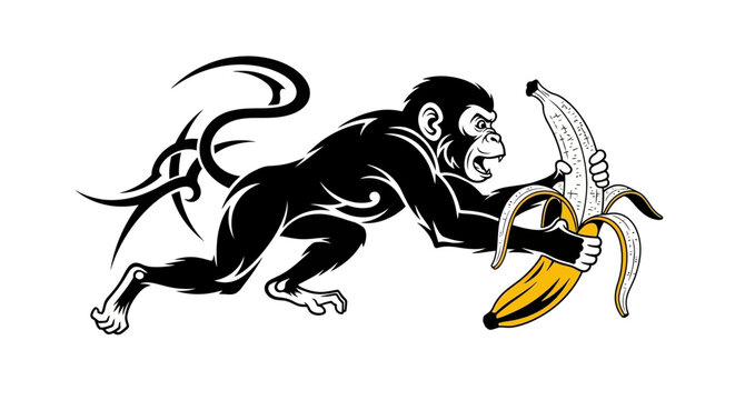 Tribal style monkey grabbing a peeled banana vector art