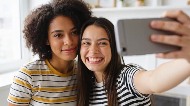 Extending arm, two women in striped tops snapping selfies with phone to save memory at home
