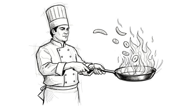 Professional chef tossing sliced fruit in flaming pan banana vector