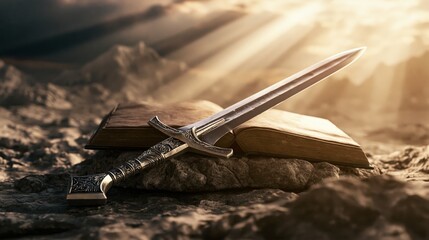 Obraz premium Bible and Sword Representing Faith, Strength and Protection