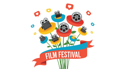 Fototapeta premium Film festival ribbon banner surrounded by colorful flowers holding movie cameras and film reels with social media icons on white.