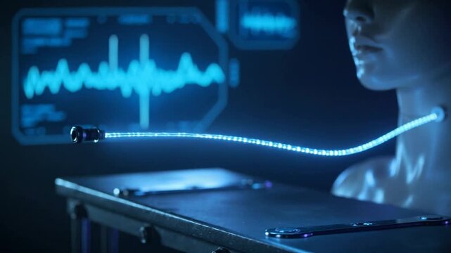 Activating collar clasp, android uncoiling tether toward console in lab, waveform UI on bare chest