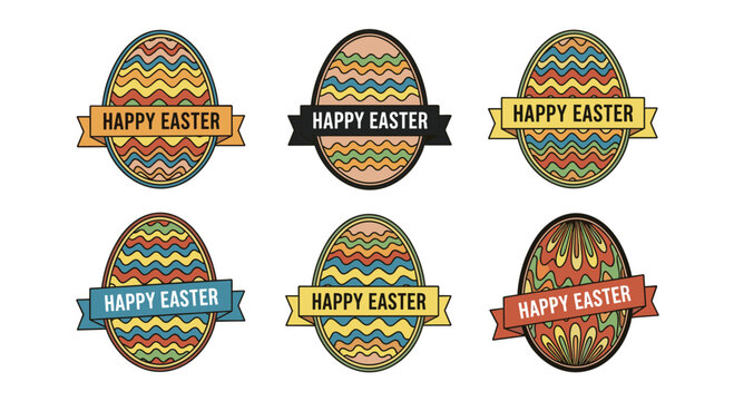 Collection of six colorful easter egg logos with different geometric patterns and happy easter ribbons for festive spring branding.