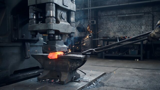 Blacksmith forging hot metal on anvil with hammer sparks in industrial workshop