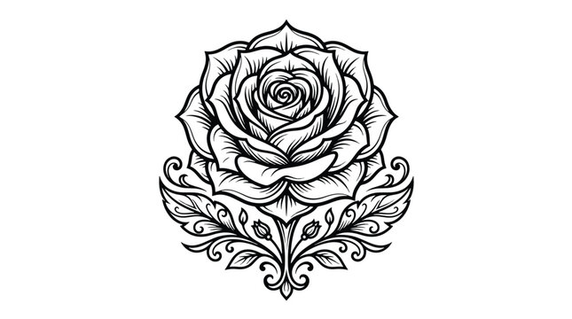 Intricate black and white line art drawing of a blooming rose with ornate decorative leaves and floral elements