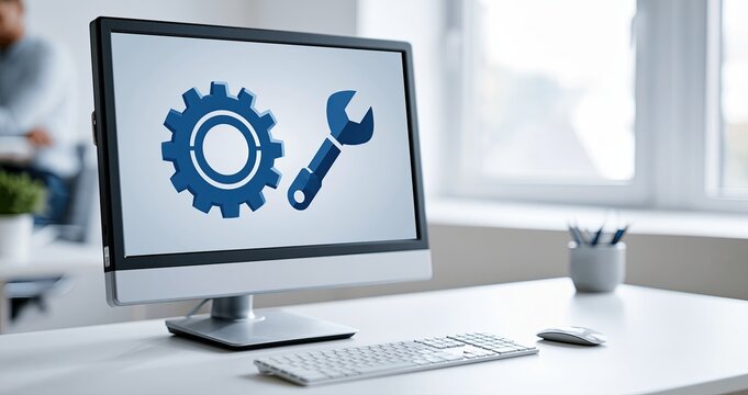In a bright office setting, a computer screen shows icons of a gear and tools symbolizing tech support and maintenance.