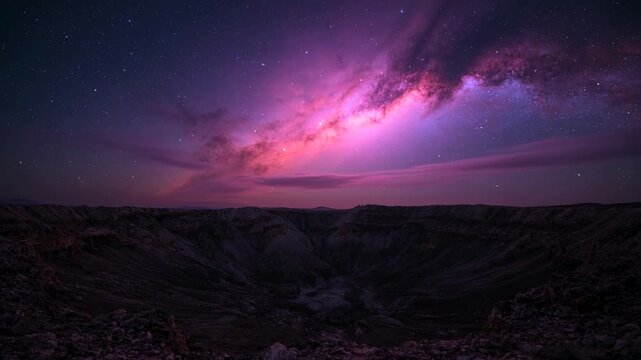Starting timelapse showing Milky Way band growing over desert crater at night with pink-violet haze
