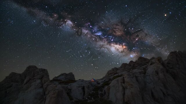 Pulling back camera revealing glowing tent in rocky saddle, showing wider landscape and Milky Way