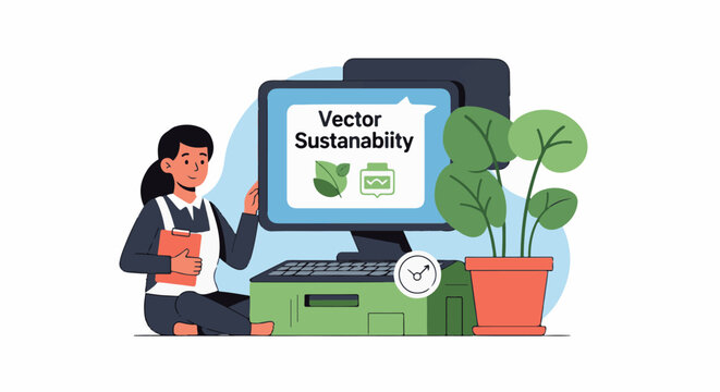 A woman presenting on computer about vector sustainability with plant
