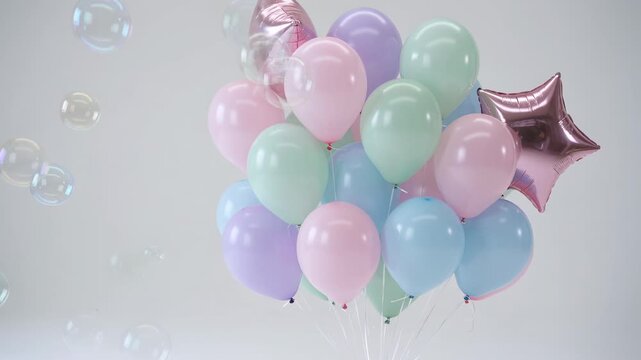 Entering bubbles causing balloon cluster bobbing at gray studio set with rose-gold star and strings
