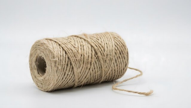 A single spool of natural brown jute twine rope isolated on a clean white background, studio shot
