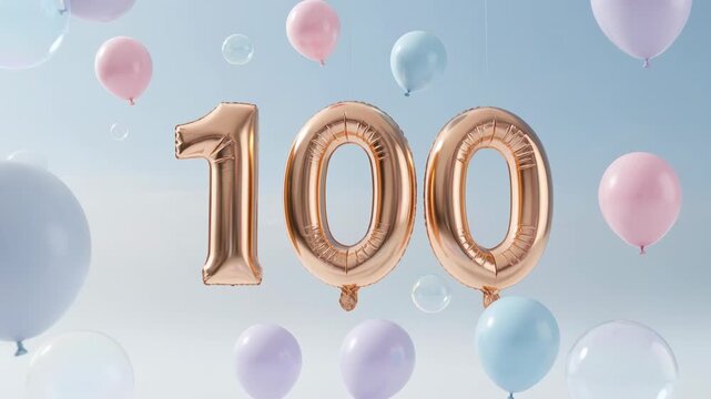 Camera zooming revealing rosegold 100 bobbing in studio, pastel balloons, bubbles marking milestone