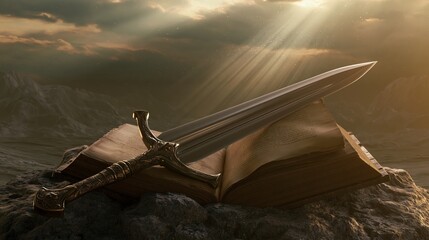 Obraz premium Bible and Sword Representing Faith, Strength and Protection