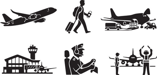 Airport Travel And Aviation Icons Set Airplane Pilot Cargo Vector © Vector 4 You
