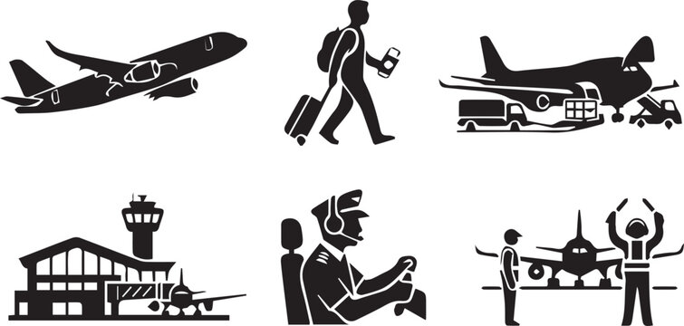 Airport Travel And Aviation Icons Set Airplane Pilot Cargo Vector