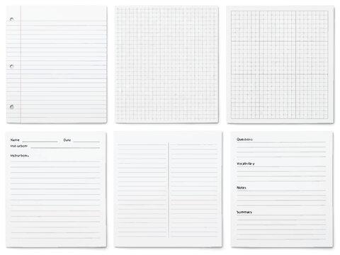 Web Notebook Paper Texture Collection with Ruled Lines, Graph Grids and Squared Pages, Clean White Educational Stationery Background Set