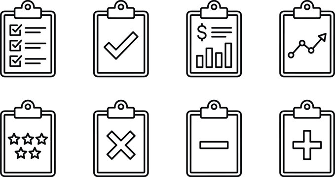 Clipboard icons checklist confirmed data analysis rating rejected positive icons.