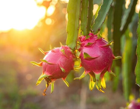 Two vibrant pink dragon fruits hang from a plant at sunset