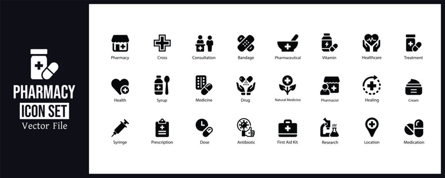 Medical and Pharmacy Solid Glyph Icon Set Collection Healthcare Vector Pack