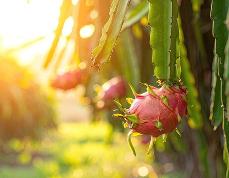Exotic pink dragon fruit hangs from a lush green cactus plant during a golden sunset