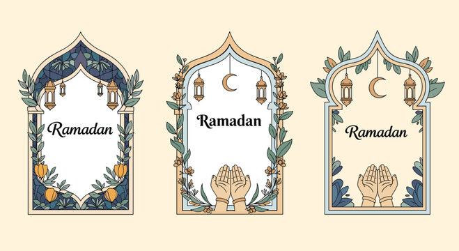 Set of three elegant ramadan greeting frames with intricate floral patterns lanterns and praying hands in soft blue and beige colors.
