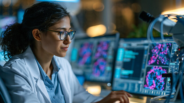 Physician reviewing genomics data and DNA analytics for precision medicine with close attention to screens, instruments, cables and diagnostic controls, photographed in documentary style,