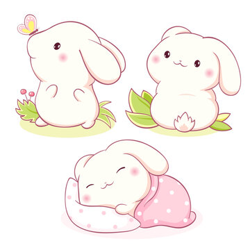 Set of little bunny in kawaii style. Tiny baby rabbit in multiple poses. Cute rabbit expression sheet collection. Can be used for t-shirt print, sticker, badge, greeting card. Vector illustration EPS8