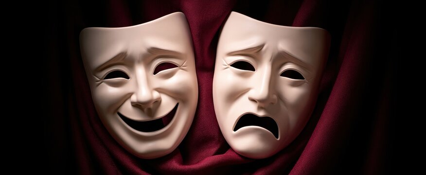 On deep burgundy fabric, illuminated comedy and tragedy masks convey theatrical emotion for performing arts promotions.