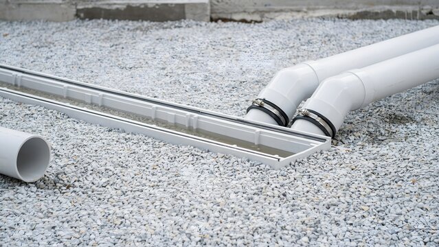 Close-up of white plastic pipes and drainage channel on gravel surface