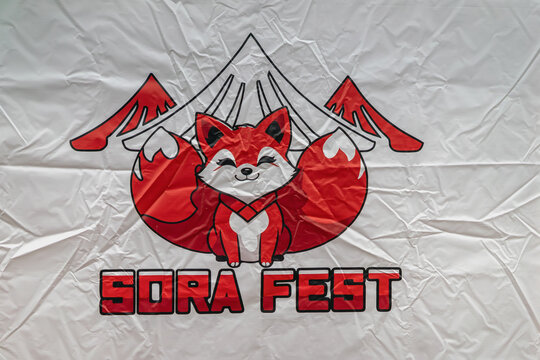 Sora Fest logo with red fox, mountains, wrinkled event banner. Sora Fest, Themed festival, bazaar, comics, unique souvenirs, Asian culture, cosplay enthusiasts
