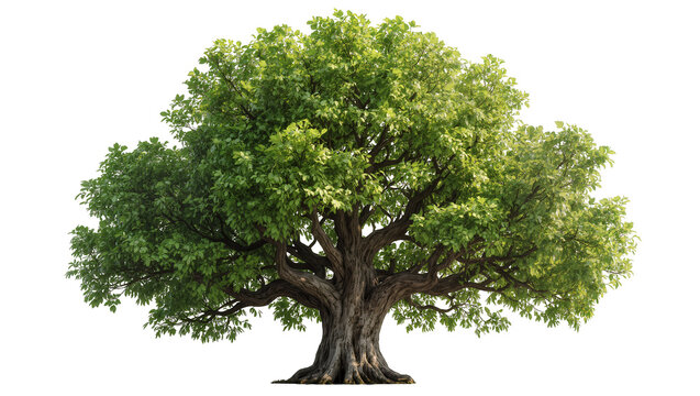 Large deciduous tree with thick gnarled trunk and lush green foliage