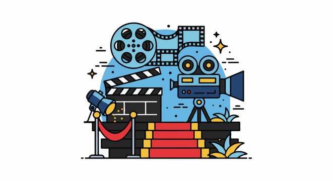 A blue film camera on a tripod stands on red carpeted stairs with a clapperboard and spotlight