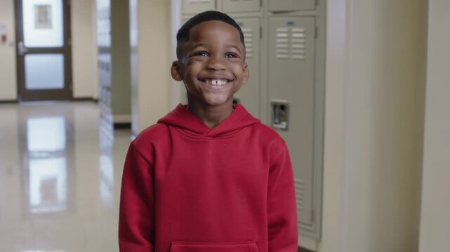 Smiling schoolboy wearing red hoodie widening grin by lockers after seeing off-camera person