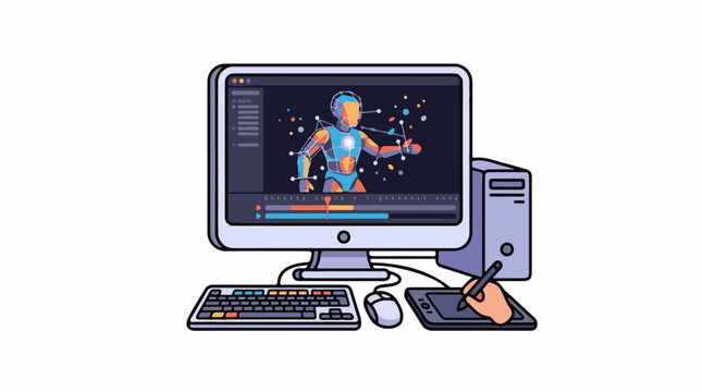 A computer monitor displaying a colorful robot on screen with a keyboard, mouse, and hand using a drawing tablet