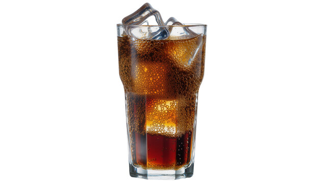Glass of cola with ice cubes and bubbles