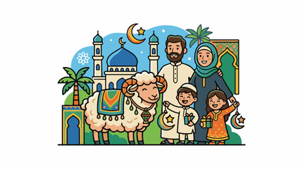 Obraz premium A cartoon family with a sheep in front of a mosque