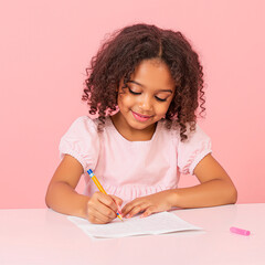 Cute  curly haired girl writing from her left hand. International Left Handers Day
