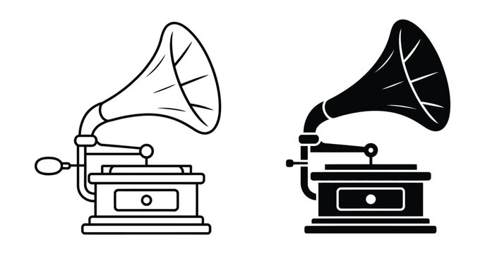 Vintage gramophone icon set, classic phonograph record player with horn and crank, outline and solid black silhouette styles, retro music symbols.