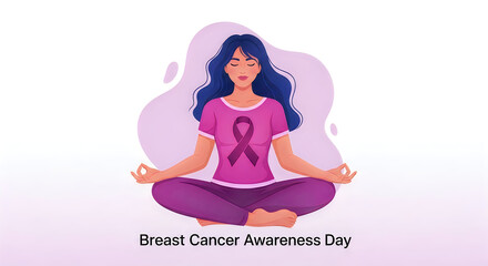 Obraz premium Woman Meditating in Lotus Position with Awareness Ribbon on Pink Background