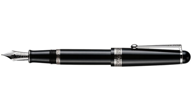 Black fountain pen with silver ornate details and clip