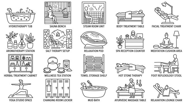 Spa and Wellness Icons Collection: A comprehensive set of line art illustrations depicting various spa and wellness facilities and services, offering a visual guide to relaxation and rejuvenation.