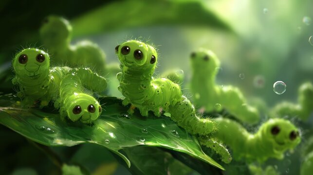 Group of adorable, fuzzy green insect larvae resting on foliage in a bright, natural setting