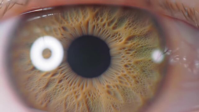 Macro view of human eye iris with detailed texture.