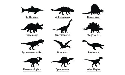 Dinosaur Silhouette Set with Names on White Background © babu