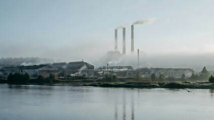 Obraz premium Industrial Ocean View with Factory Smoke and Water Reflection under Gray Sky