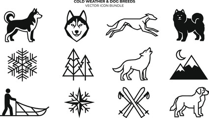 Cold Weather and Dog Breeds Vector Icon Bundle Featuring Husky Wolf Snowflakes Mountains Cross Country Skis and Sledding Graphic Layout Elements © Icon Designs