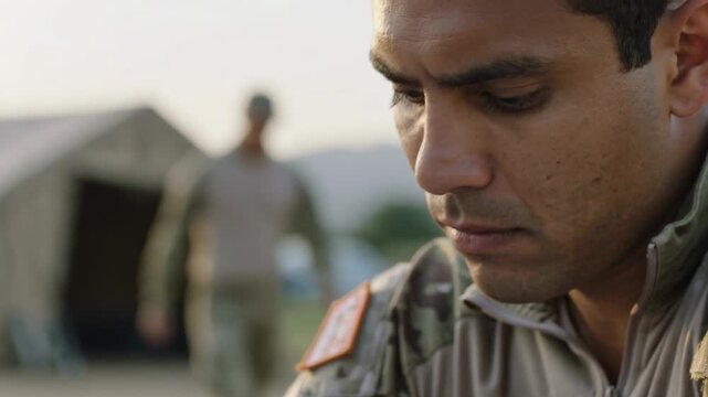 Writing soldier in camouflage making notes at camp after pausing with pen and notebook, copy space