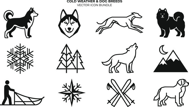Cold Weather and Dog Breeds Vector Icon Bundle Featuring Husky Wolf Snowflakes Mountains Cross Country Skis and Sledding Graphic Layout Elements