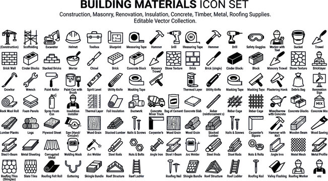 Construction workers use various tools and materials on a building site with houses and scaffolding.